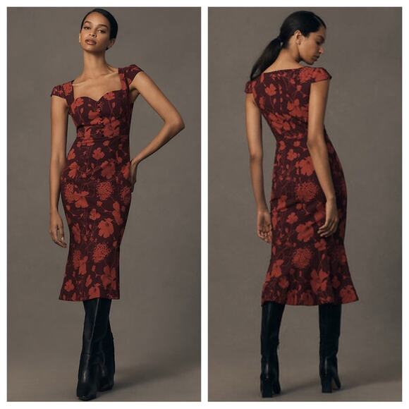 anthropologie - cecily fit & flare sweetheart dress midi cap sleeve floral print - Picture 1 of 7